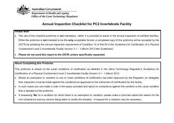 Annual Inspection Checklist for PC2 Invertebrate Facility | Office of ...